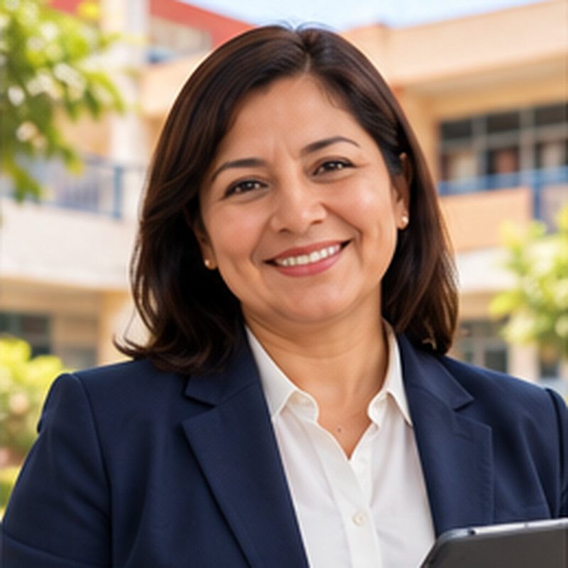 Directora de colegio sonriendo