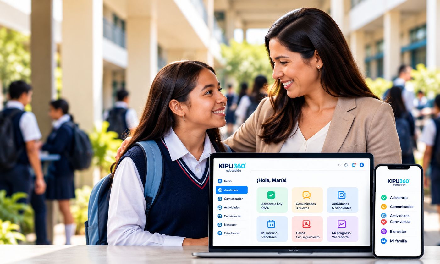 Docente conversando con una estudiante en el colegio, junto a una laptop y un celular con Kipu360